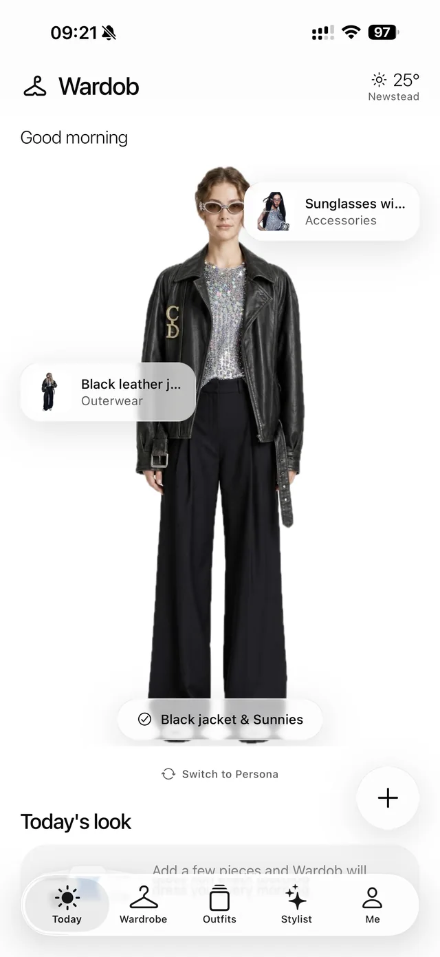 The Wardob home screen showing the Persona wearing a black leather jacket and sunglasses