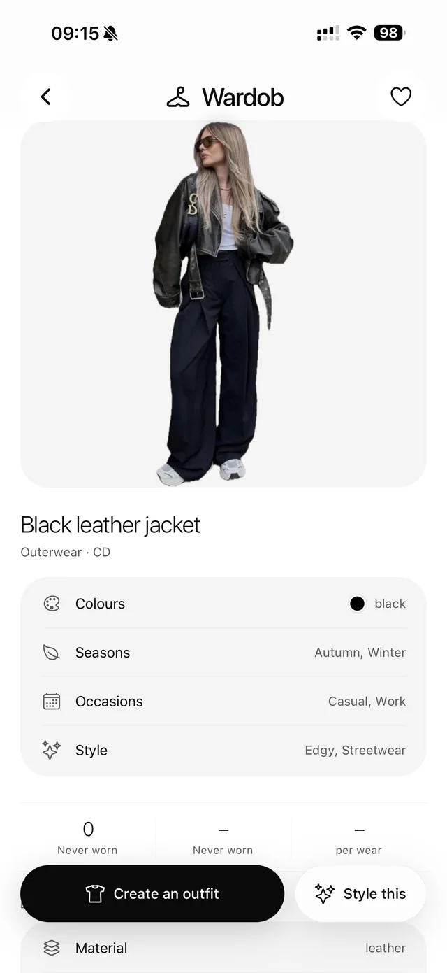 A black leather jacket in the app with its colours, seasons, occasions and style filled in