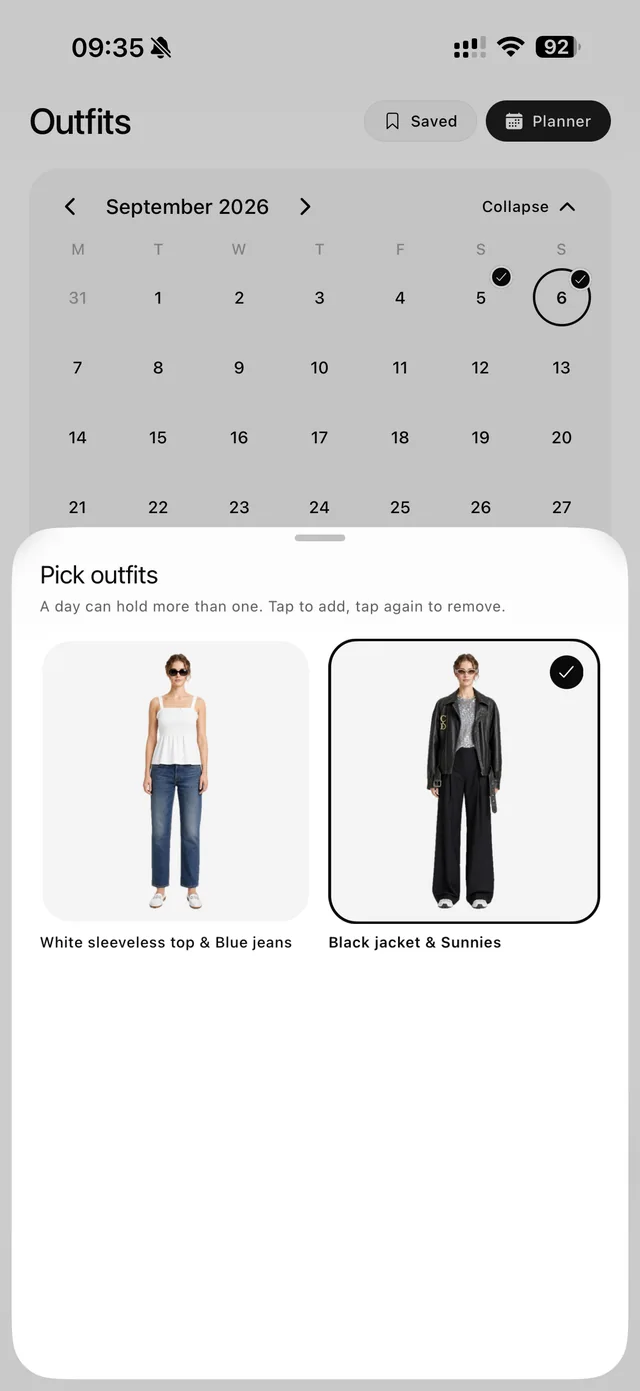 The planner calendar with an outfit picked for a day