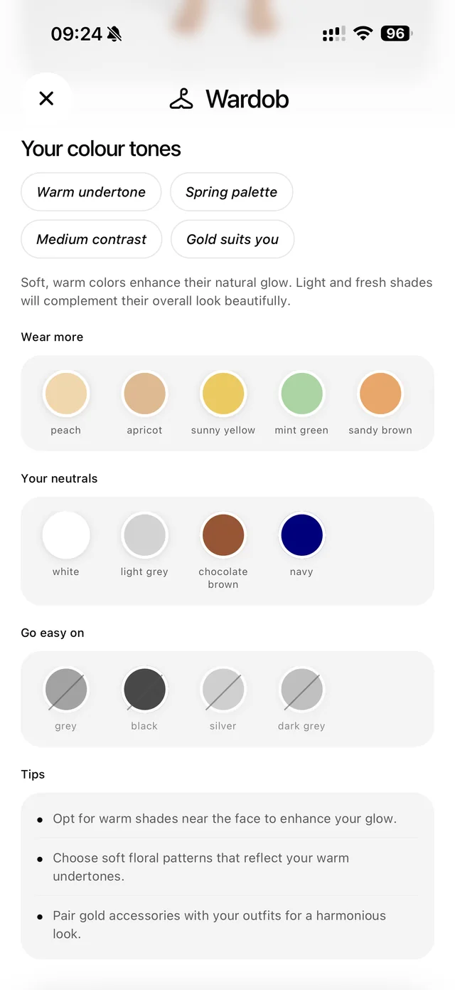 The colour tones screen with swatches to wear more, neutrals and colours to go easy on